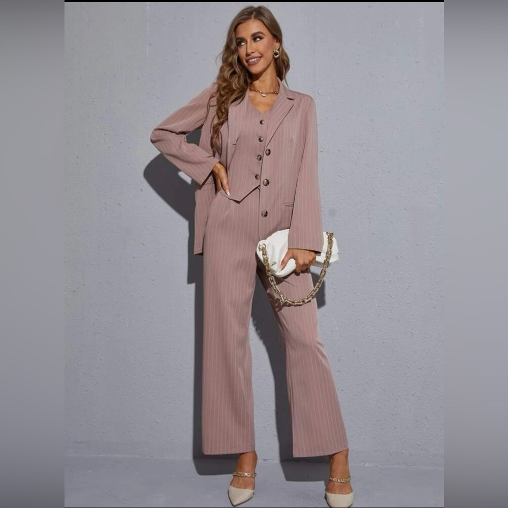 SHEIN Striped Single Breasted Waistcoat & Blazer & Wide Leg Pants (XL) 12